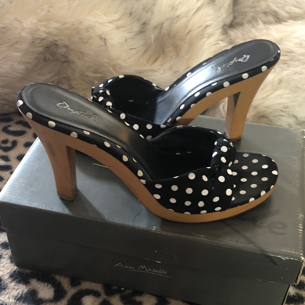 Qupid Black and White Polka Dot High Heel Mules